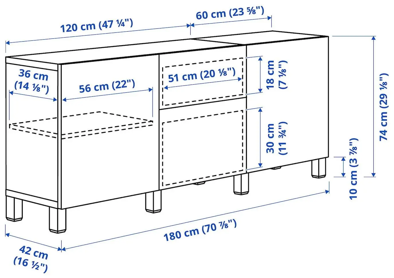 Bufet Ikea Besta/Lappviken/Sindvik/Stubbarp glisiera sertar cu sistem apasare 180x42x74 (Alb/Gri-inchis)