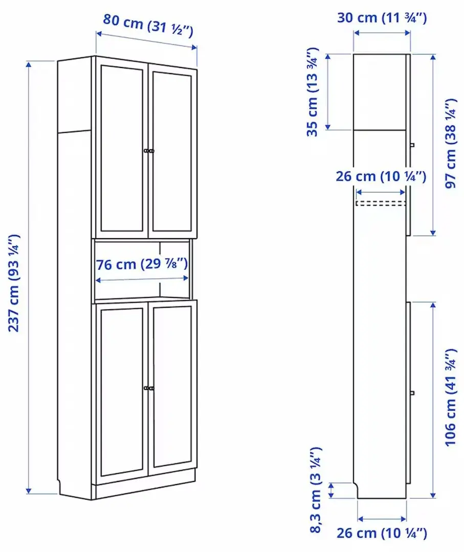 Biblioteca Ikea Billy/Oxberg cu usi/unitate suplimentara 80x30x237 (Negru Aspect Stejar)