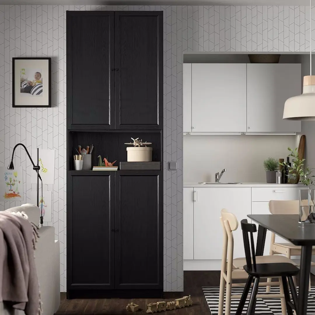 Biblioteca Ikea Billy/Oxberg cu usi/unitate suplimentara 80x30x237 (Negru Aspect Stejar)