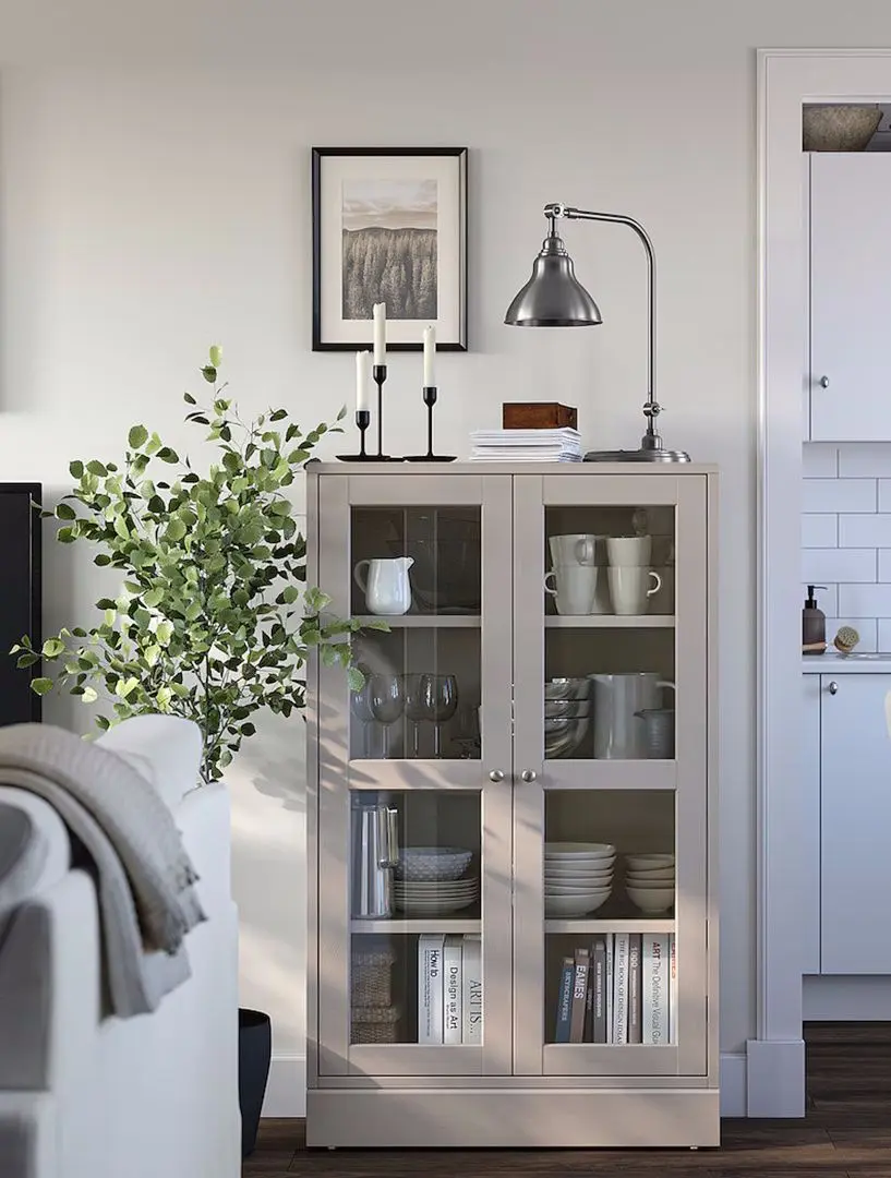 Bufet Ikea Havsta plinta/sticla transparenta 81x37x134 (Gri-Bej)