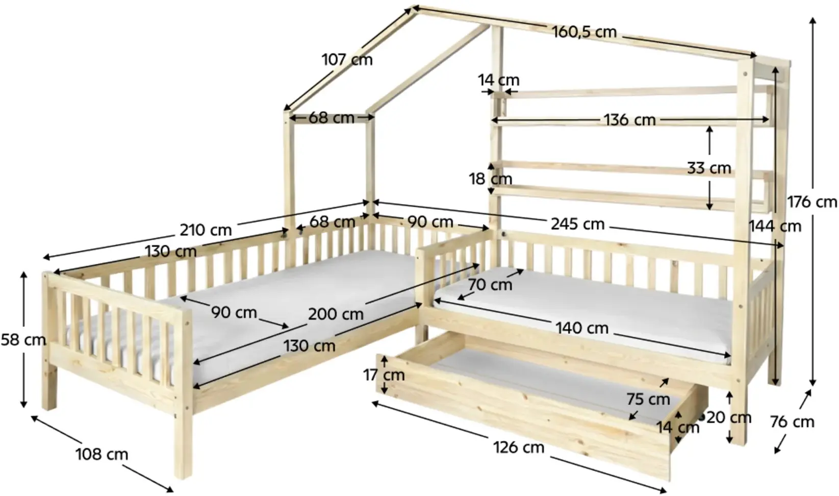 Кровать Tempo Kondela Enola 90x200+70x140 (Natural) - 5