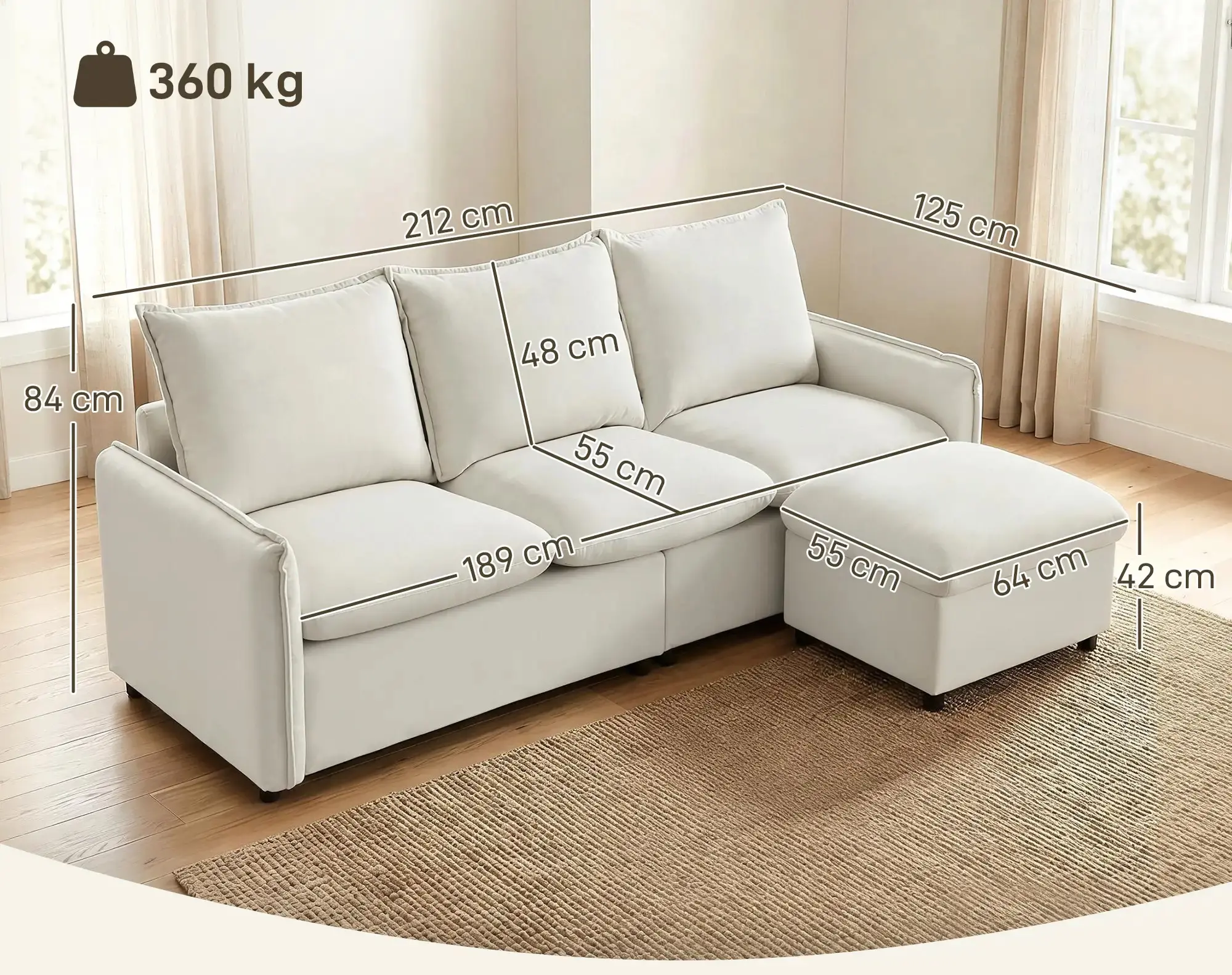 Диван с пуфом Homcom 83B-726V00CW (Cream White) - 3
