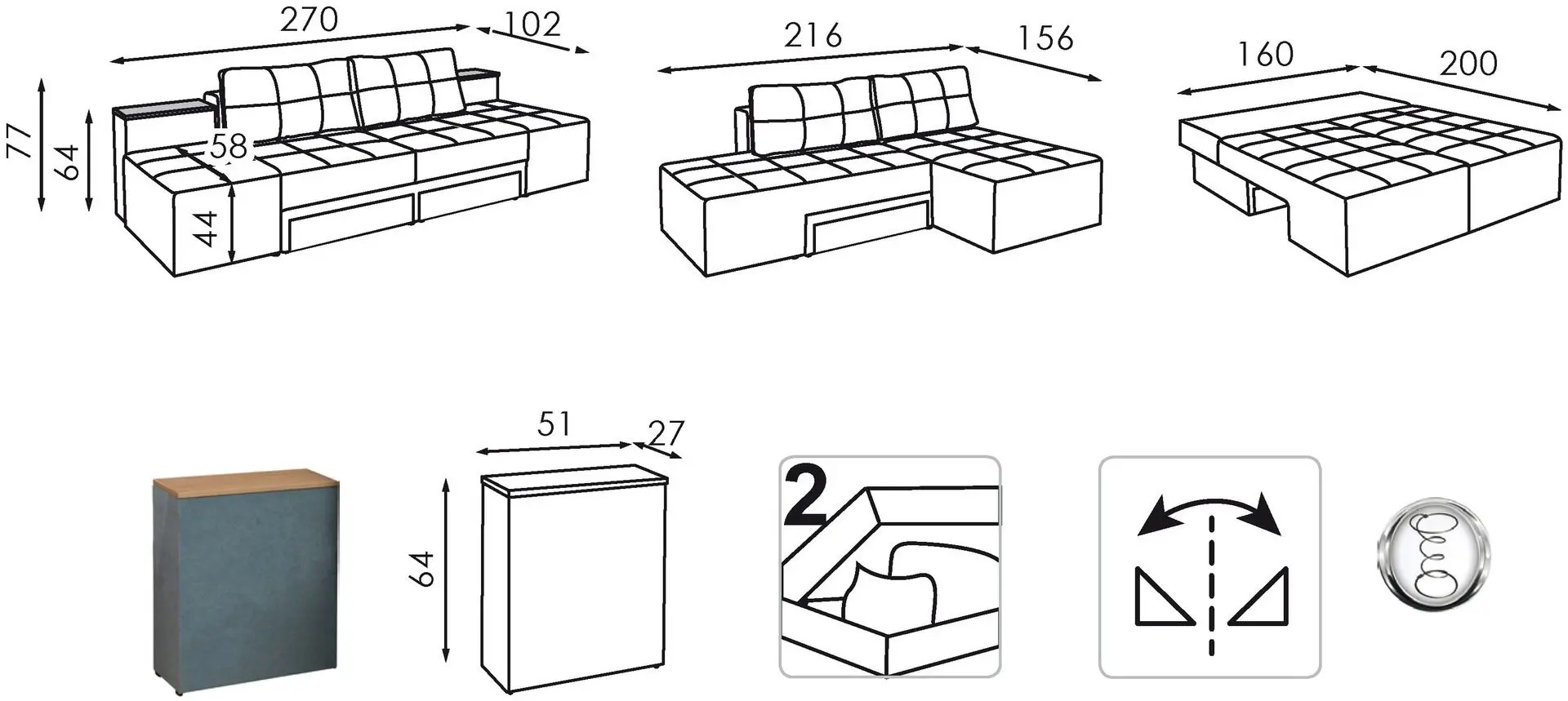 Диван-трансформер Modern Rio 2 Alaska 10 Total Eclipse (Dark Gray)