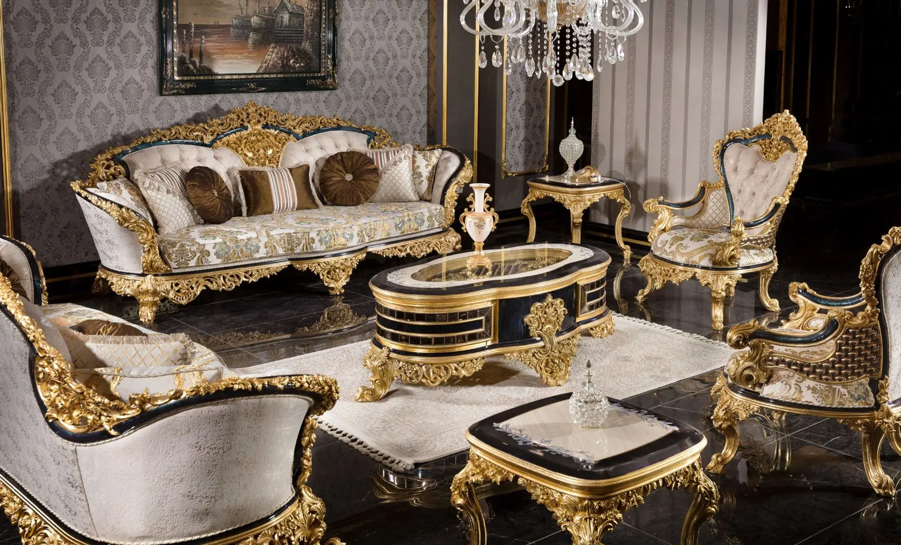 Living Charme&Luxe Furniture Zeren B №9 (Dark Blue/Cream/Gold)