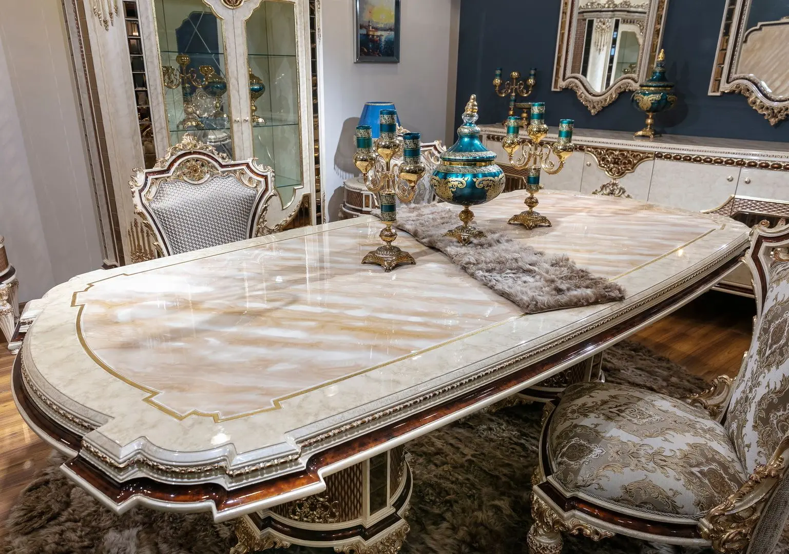 Set de mobilier pentru sufragerie Charme&Luxe Furniture Basak №10 (Beige Marble/Gold/Gray)