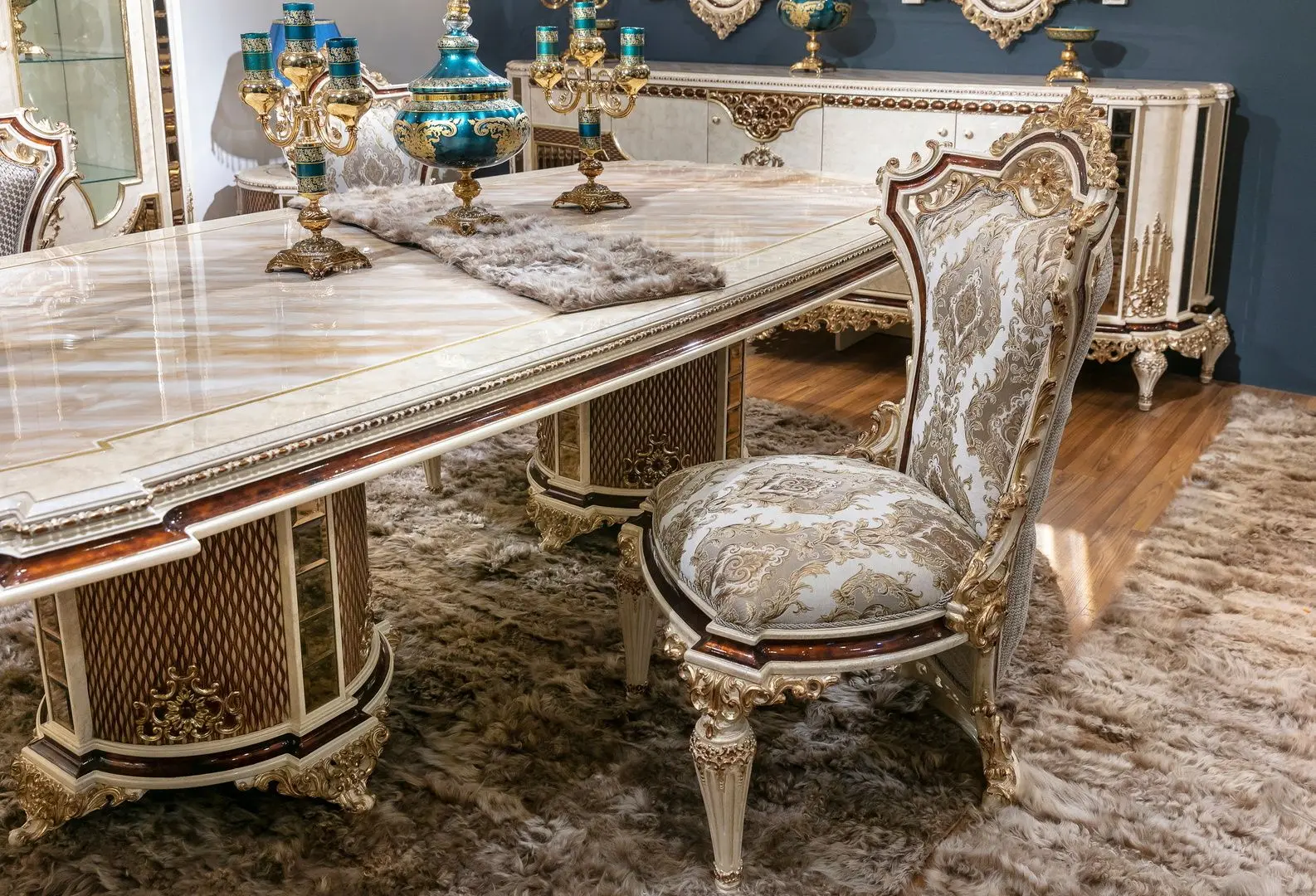 Set de mobilier pentru sufragerie Charme&Luxe Furniture Basak №10 (Beige Marble/Gold/Gray)