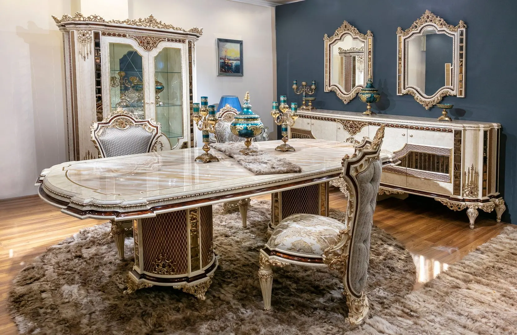 Set de mobilier pentru sufragerie Charme&Luxe Furniture Basak №10 (Beige Marble/Gold/Gray)