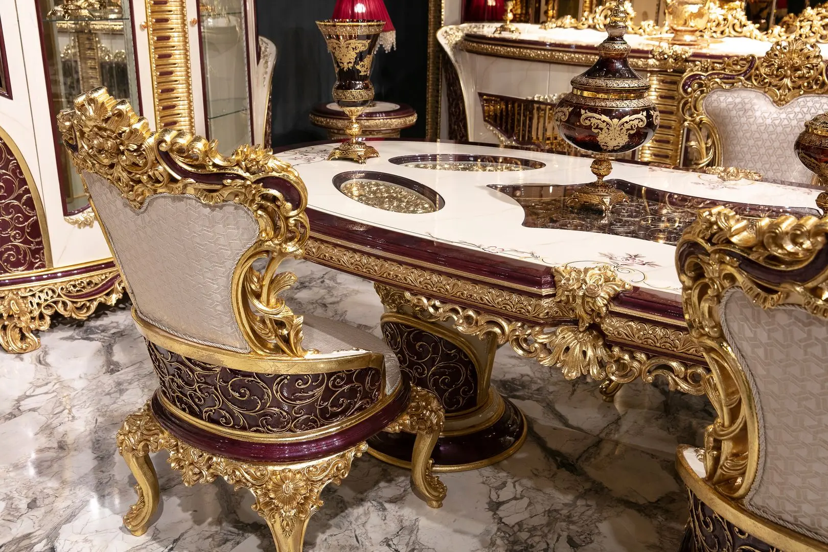 Set de mobilier pentru sufragerie Charme&Luxe Furniture Estelya №10 (Beige Marble/Gold/Brown)