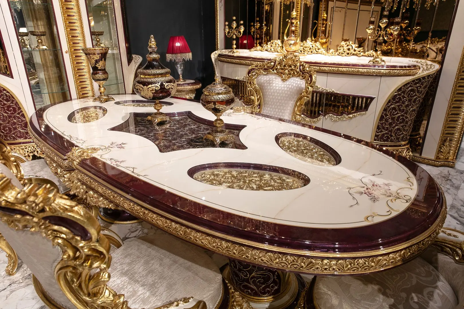 Set de mobilier pentru sufragerie Charme&Luxe Furniture Estelya №10 (Beige Marble/Gold/Brown)