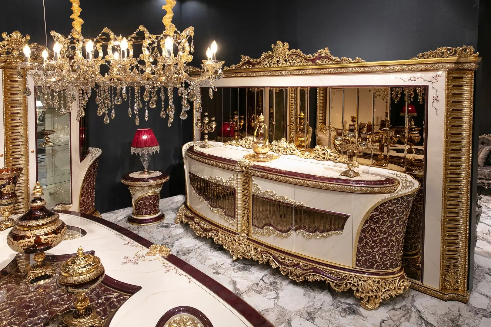 Set de mobilier pentru sufragerie Charme&Luxe Furniture Estelya №10 (Beige Marble/Gold/Brown)