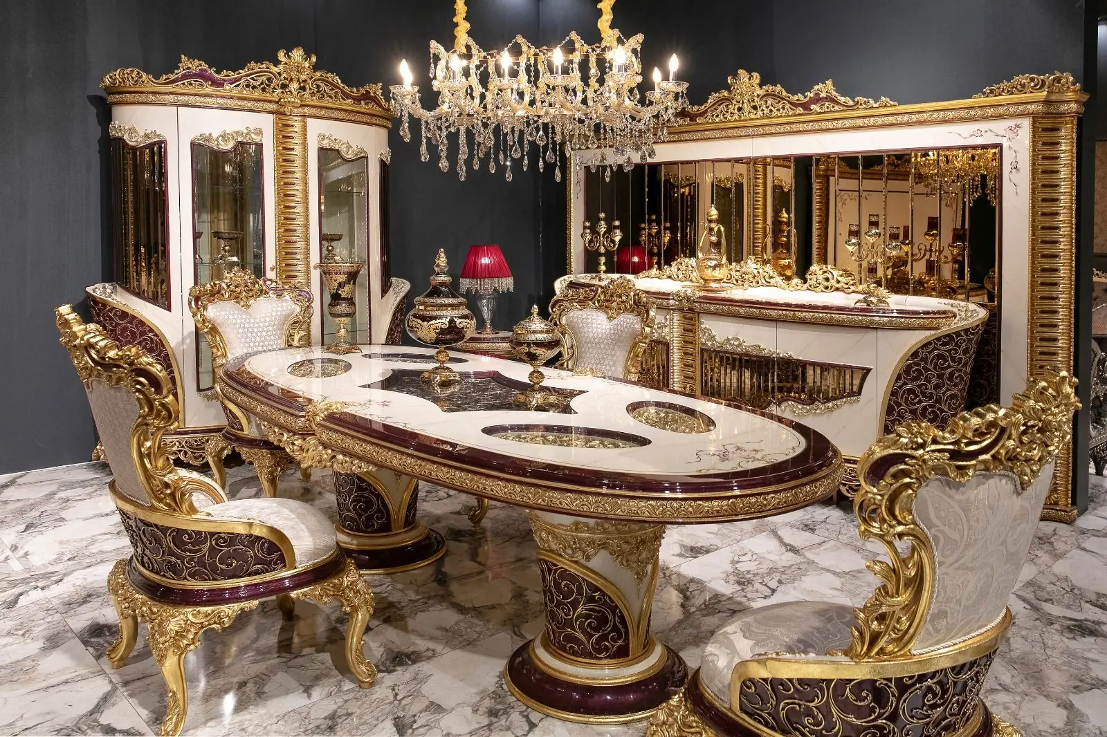 Set de mobilier pentru sufragerie Charme&Luxe Furniture Estelya №10 (Beige Marble/Gold/Brown)