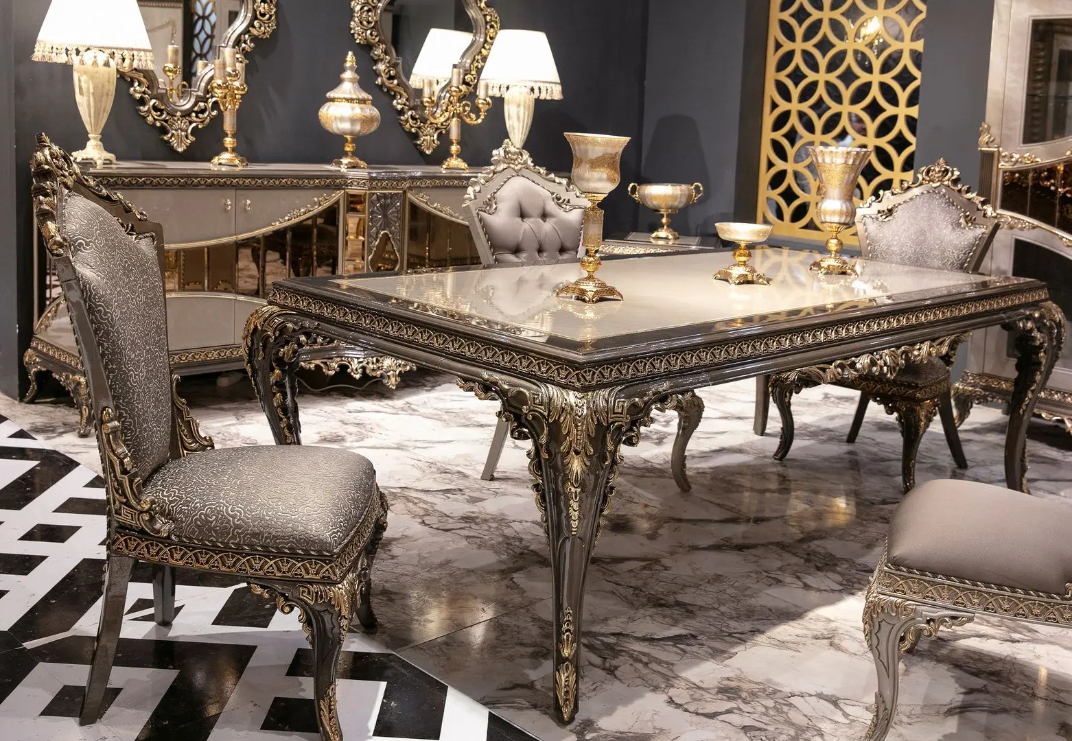 Set de mobilier pentru sufragerie Charme&Luxe Furniture Lotus №11 (Gray/Gold/Brown)