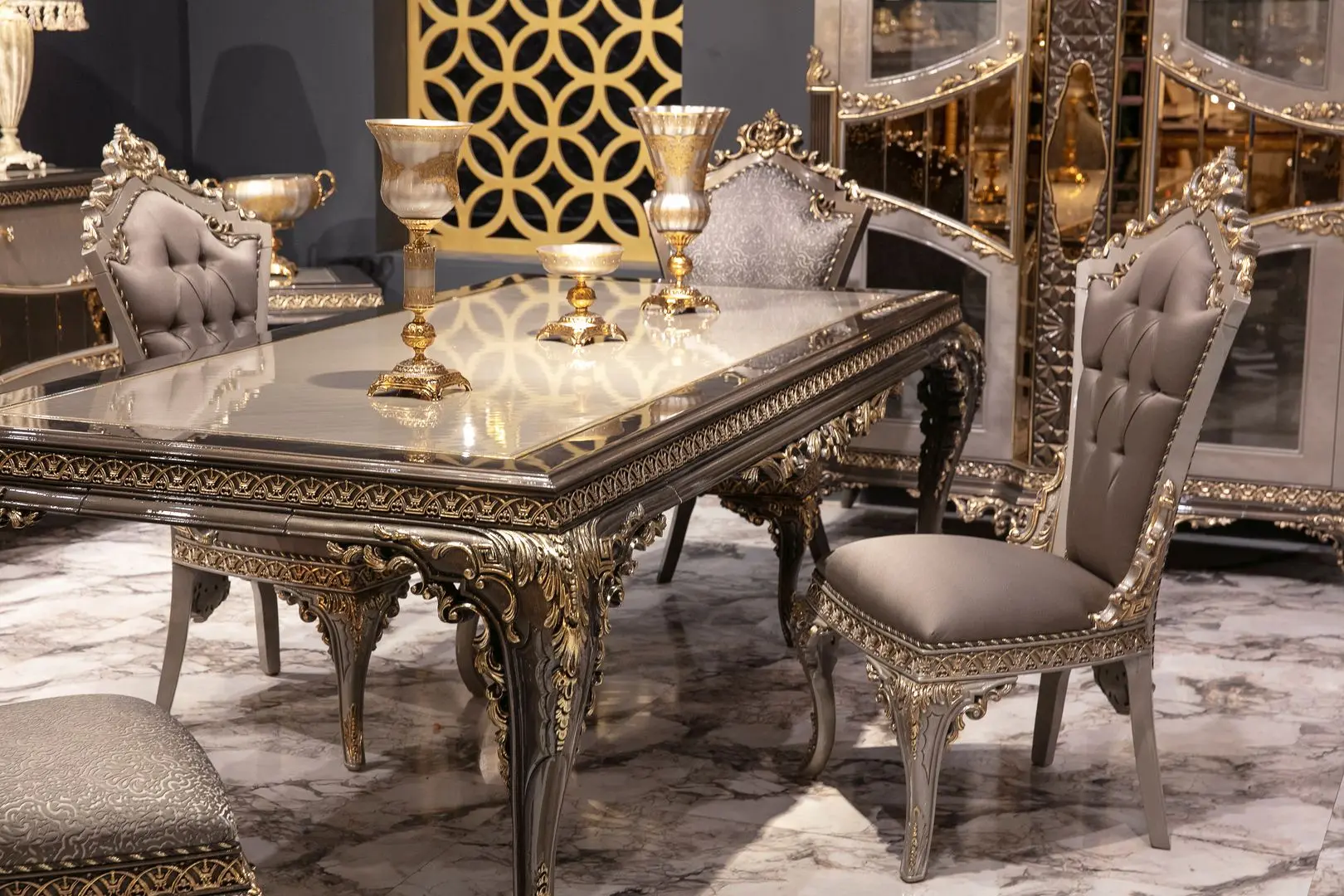 Set de mobilier pentru sufragerie Charme&Luxe Furniture Lotus №11 (Gray/Gold/Brown)