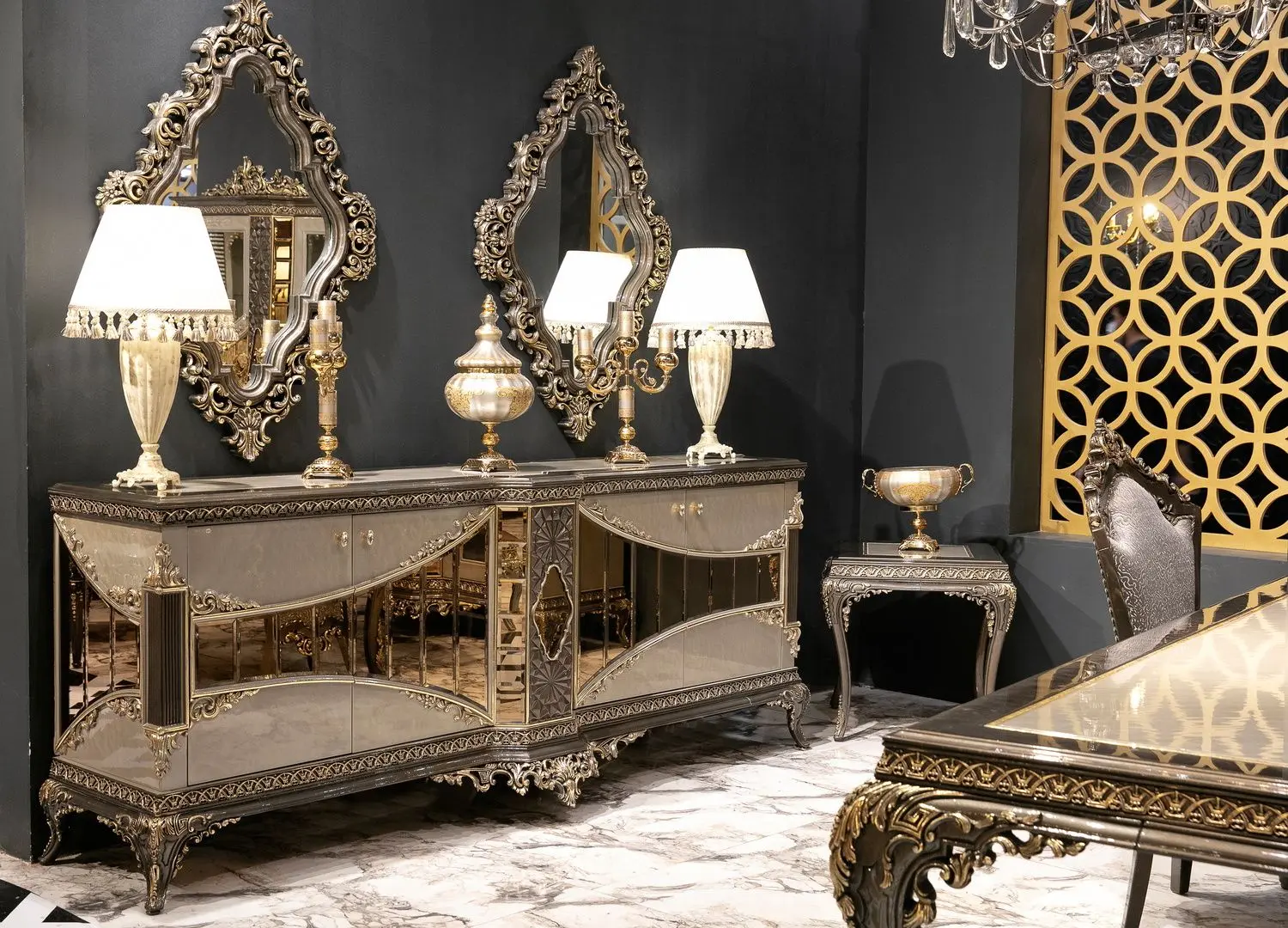 Set de mobilier pentru sufragerie Charme&Luxe Furniture Lotus №11 (Gray/Gold/Brown)