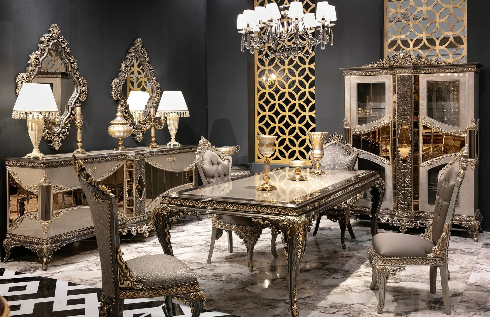 Set de mobilier pentru sufragerie Charme&Luxe Furniture Lotus №11 (Gray/Gold/Brown)