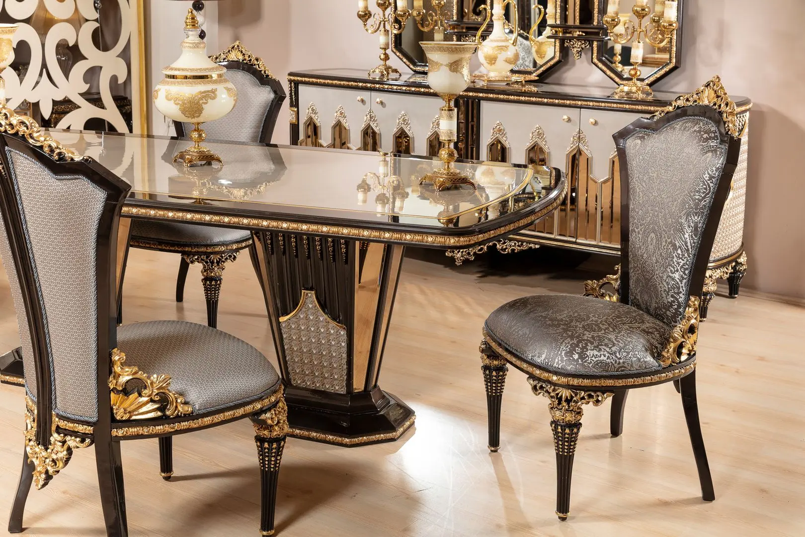 Set de mobilier pentru sufragerie Charme&Luxe Furniture Manolya №10 (Chocolate/Gold/Gray)