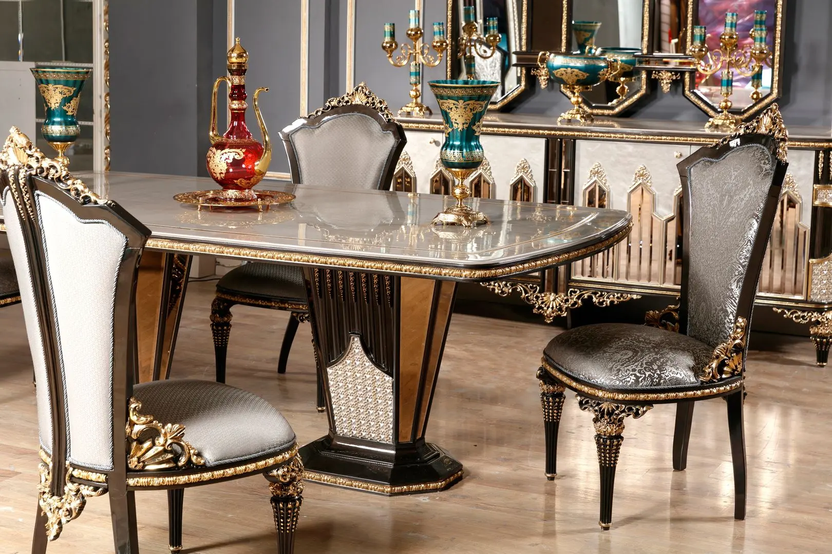 Set de mobilier pentru sufragerie Charme&Luxe Furniture Manolya №10 (Chocolate/Gold/Gray)