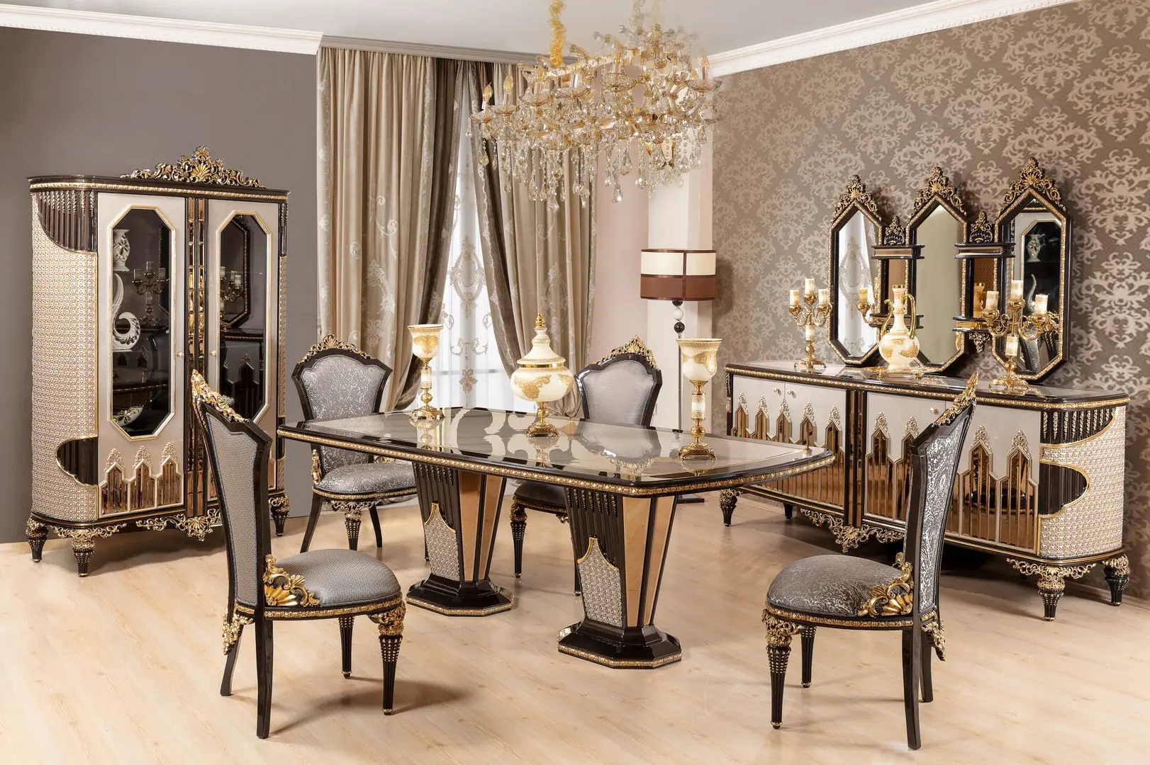 Set de mobilier pentru sufragerie Charme&Luxe Furniture Manolya №10 (Chocolate/Gold/Gray)