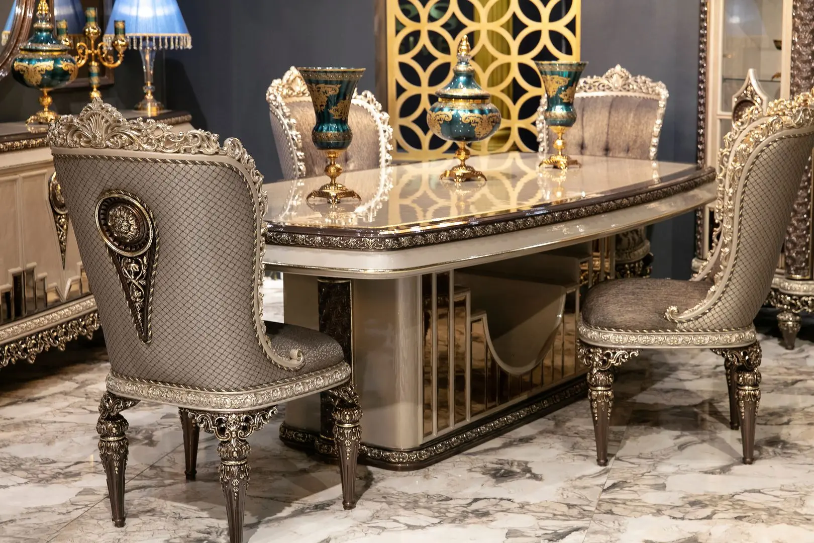 Set de mobilier pentru sufragerie Charme&Luxe Furniture Nida №12 (Gray/Gold/Brown)