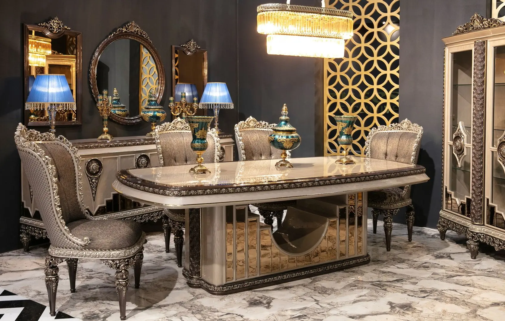 Set de mobilier pentru sufragerie Charme&Luxe Furniture Nida №12 (Gray/Gold/Brown)