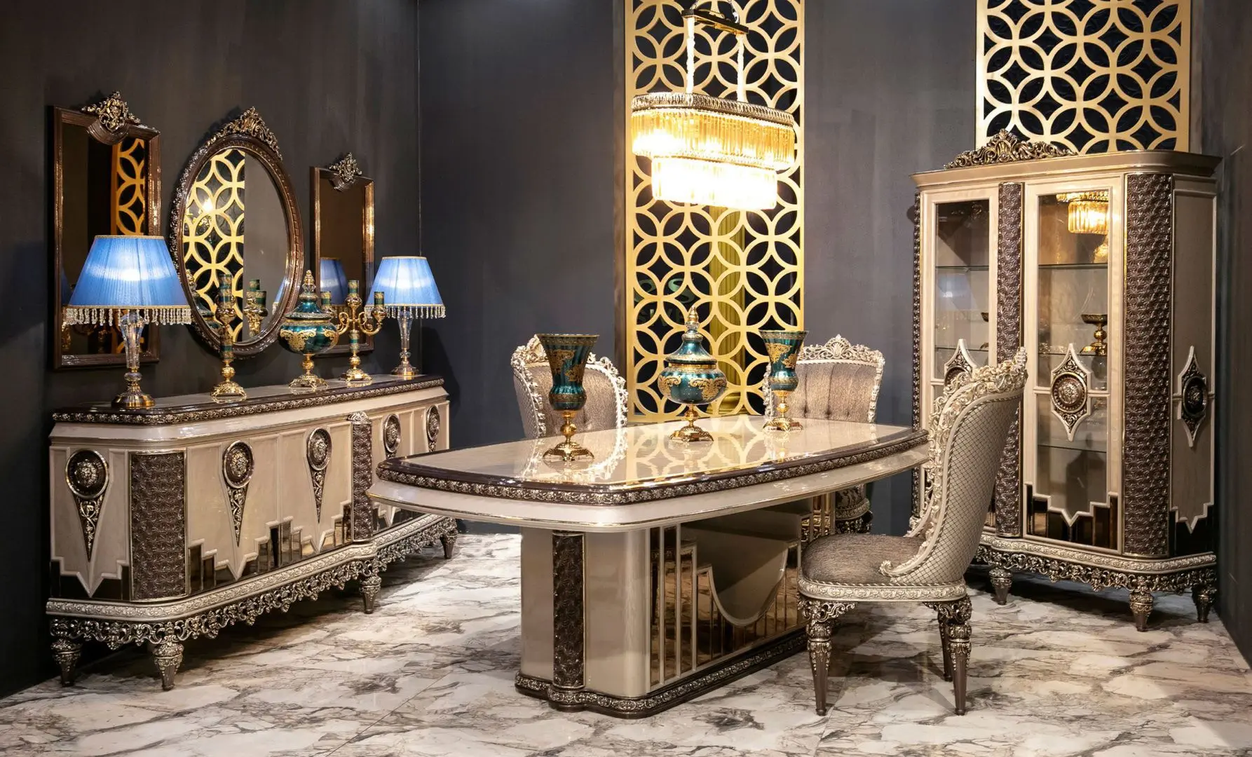 Set de mobilier pentru sufragerie Charme&Luxe Furniture Nida №12 (Gray/Gold/Brown)