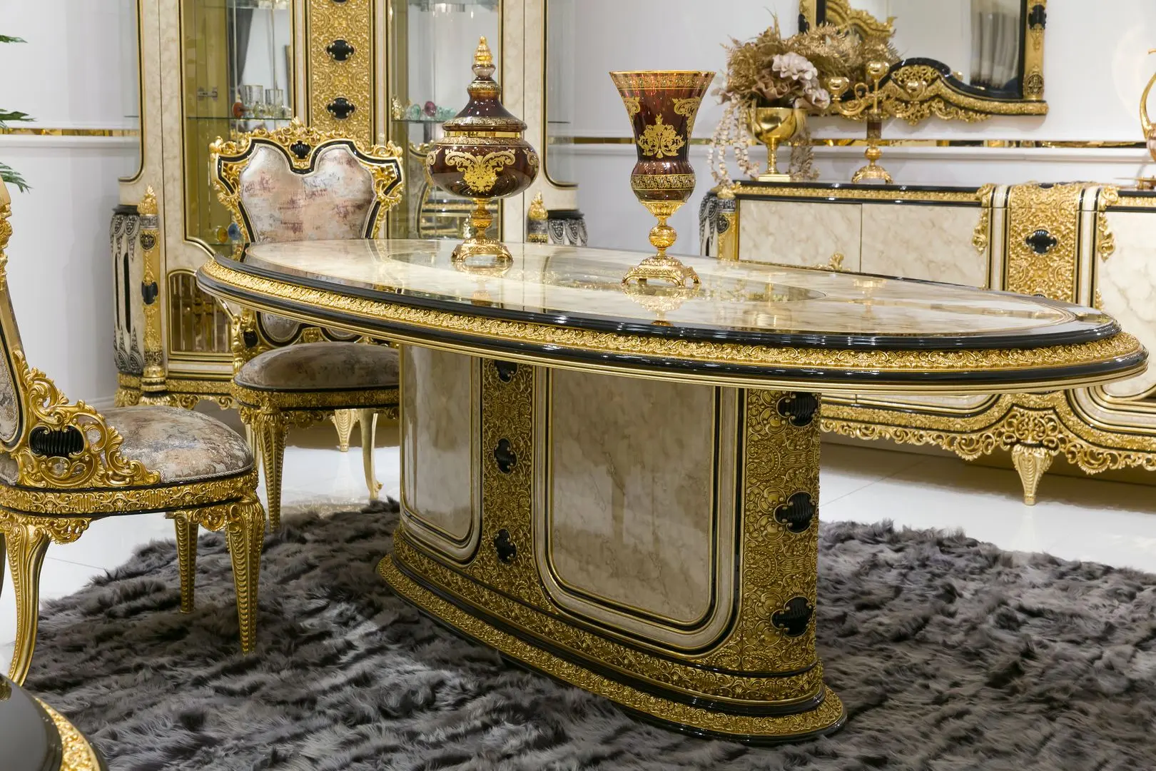 Set de mobilier pentru sufragerie Charme&Luxe Furniture Paris №11 (Gold/Gray-Beige/Black)