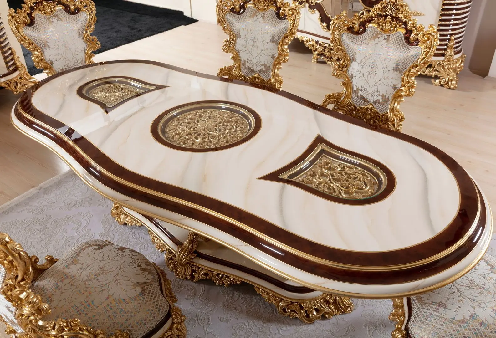 Set de mobilier pentru sufragerie Charme&Luxe Furniture Saltanat №11 (Beige Marble/Gold/Brown)
