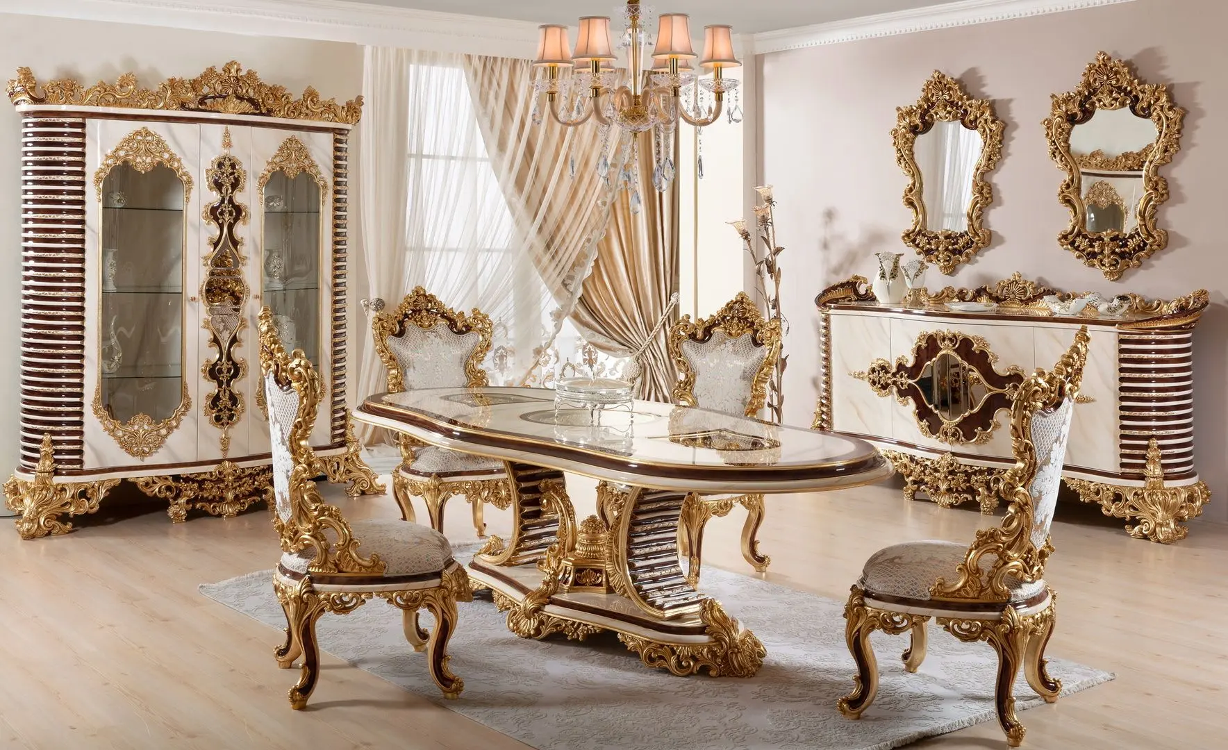 Set de mobilier pentru sufragerie Charme&Luxe Furniture Saltanat №11 (Beige Marble/Gold/Brown)