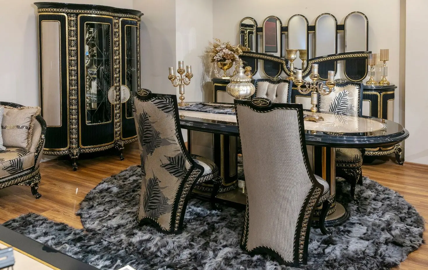 Set de mobilier pentru sufragerie Charme&Luxe Furniture Siyah Inci №10 (Black/Beige/Gold)