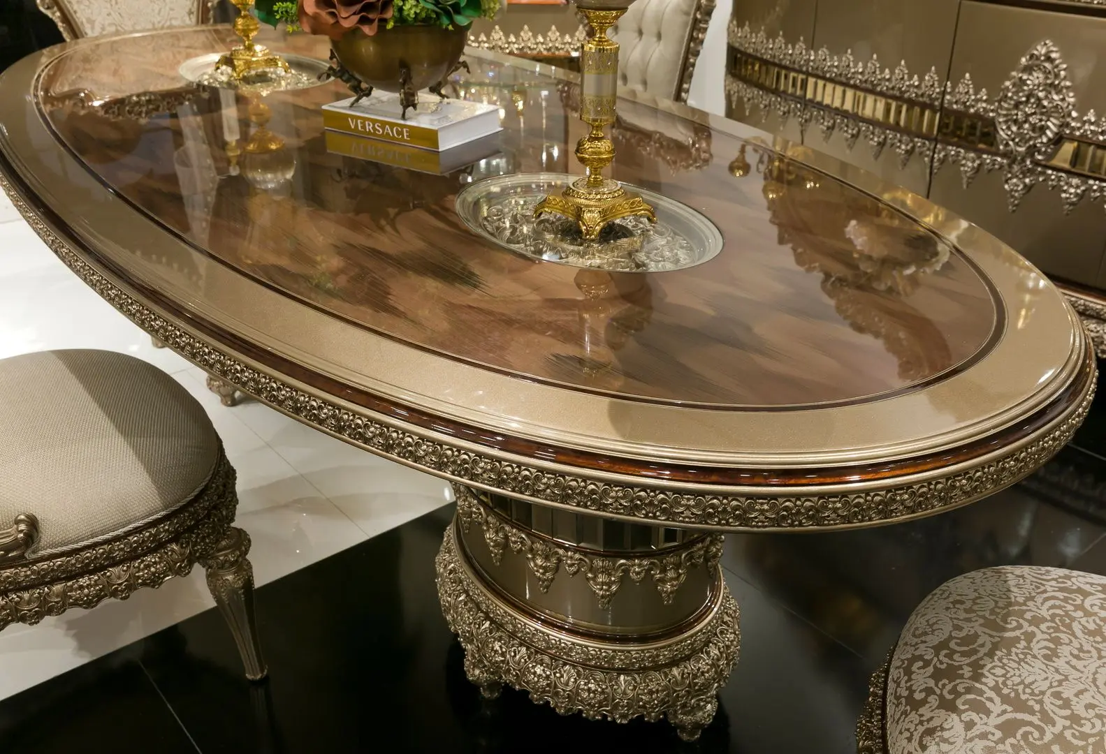 Set de mobilier pentru sufragerie Charme&Luxe Furniture Venedik №10 (Dark Cappuccino/Gold/Brown)