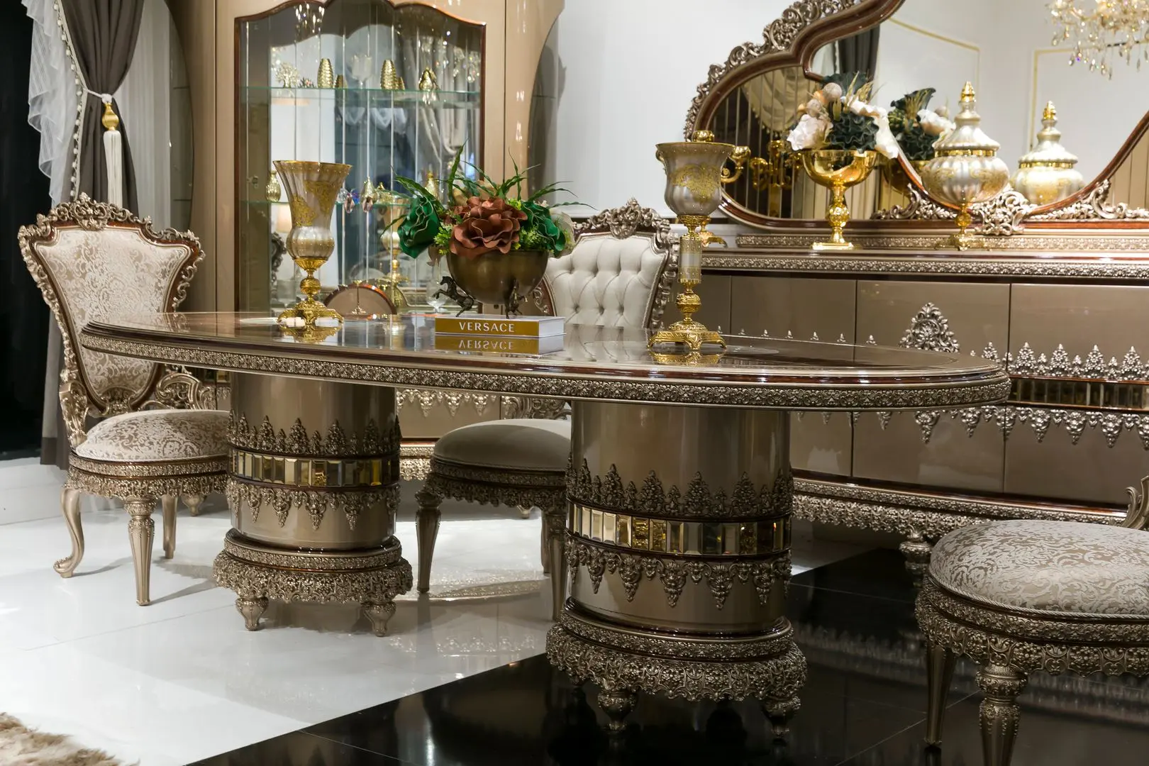 Set de mobilier pentru sufragerie Charme&Luxe Furniture Venedik №10 (Dark Cappuccino/Gold/Brown)