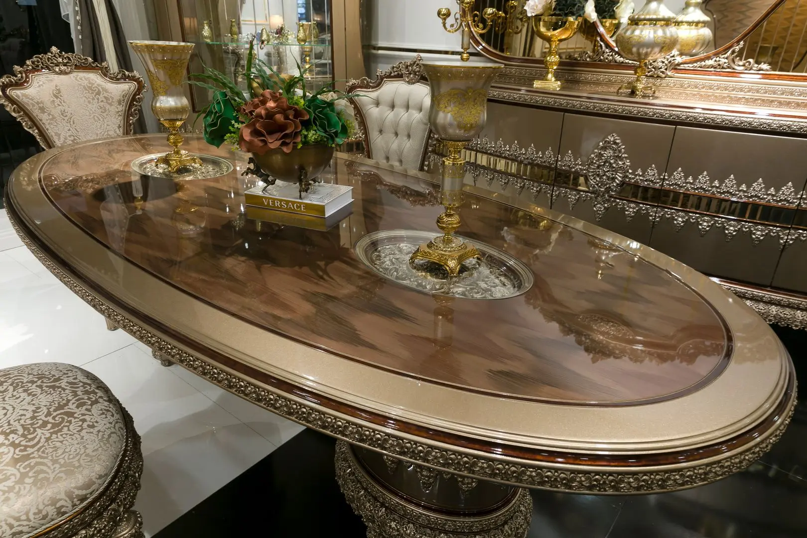 Set de mobilier pentru sufragerie Charme&Luxe Furniture Venedik №10 (Dark Cappuccino/Gold/Brown)