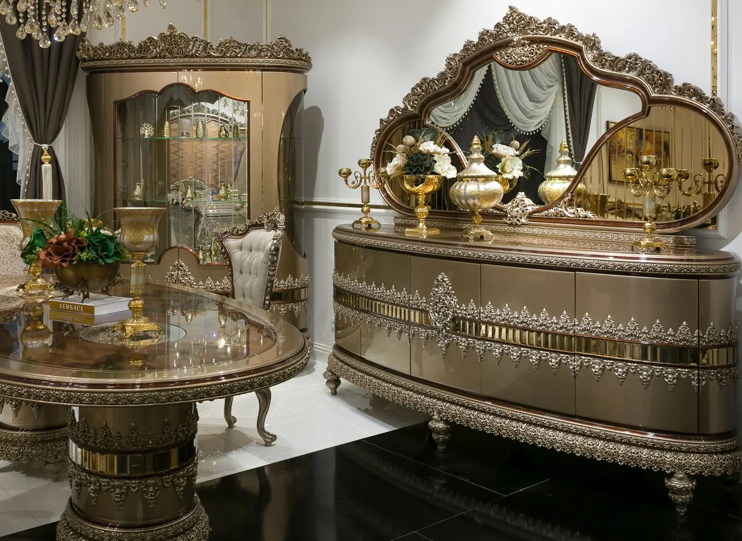 Set de mobilier pentru sufragerie Charme&Luxe Furniture Venedik №10 (Dark Cappuccino/Gold/Brown)