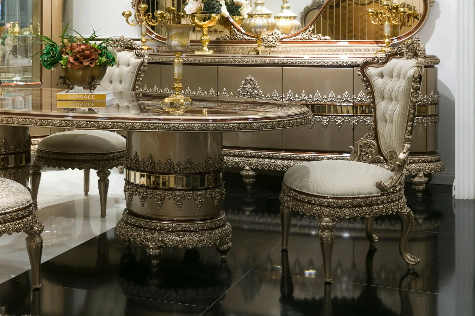 Set de mobilier pentru sufragerie Charme&Luxe Furniture Venedik №10 (Dark Cappuccino/Gold/Brown)