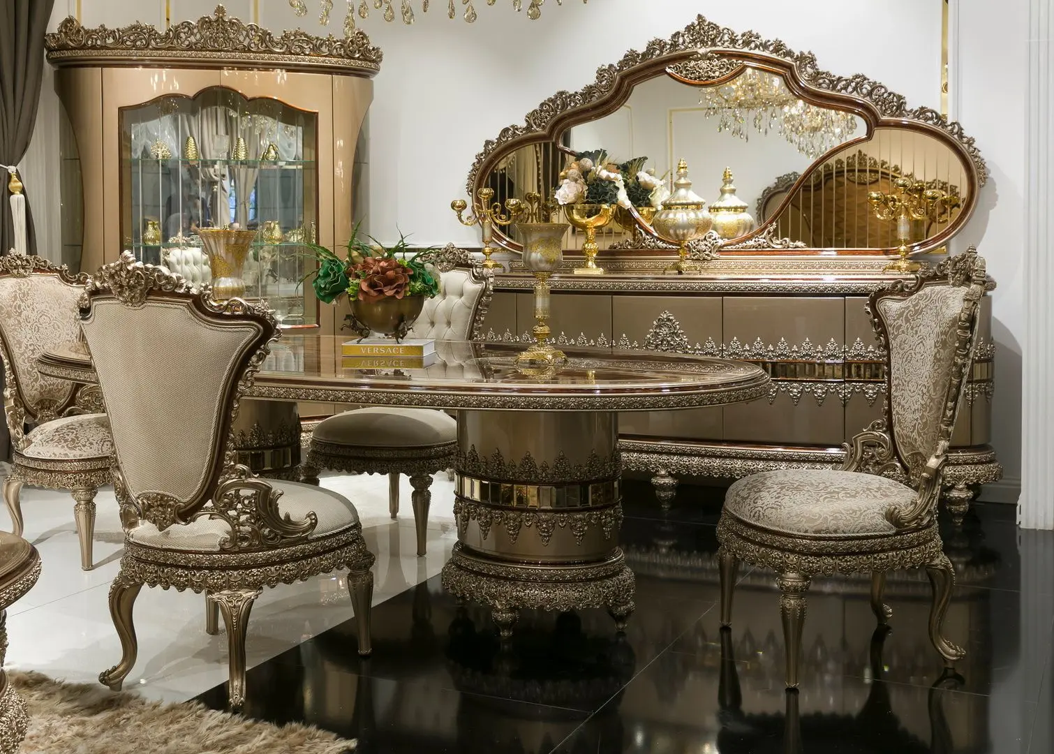 Set de mobilier pentru sufragerie Charme&Luxe Furniture Venedik №10 (Dark Cappuccino/Gold/Brown)