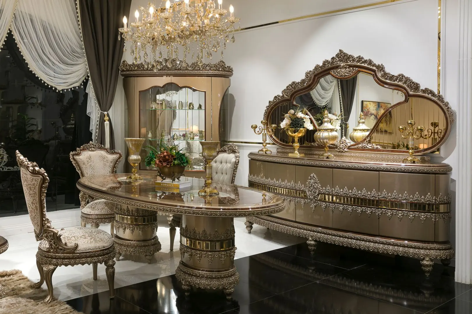 Set de mobilier pentru sufragerie Charme&Luxe Furniture Venedik №10 (Dark Cappuccino/Gold/Brown)