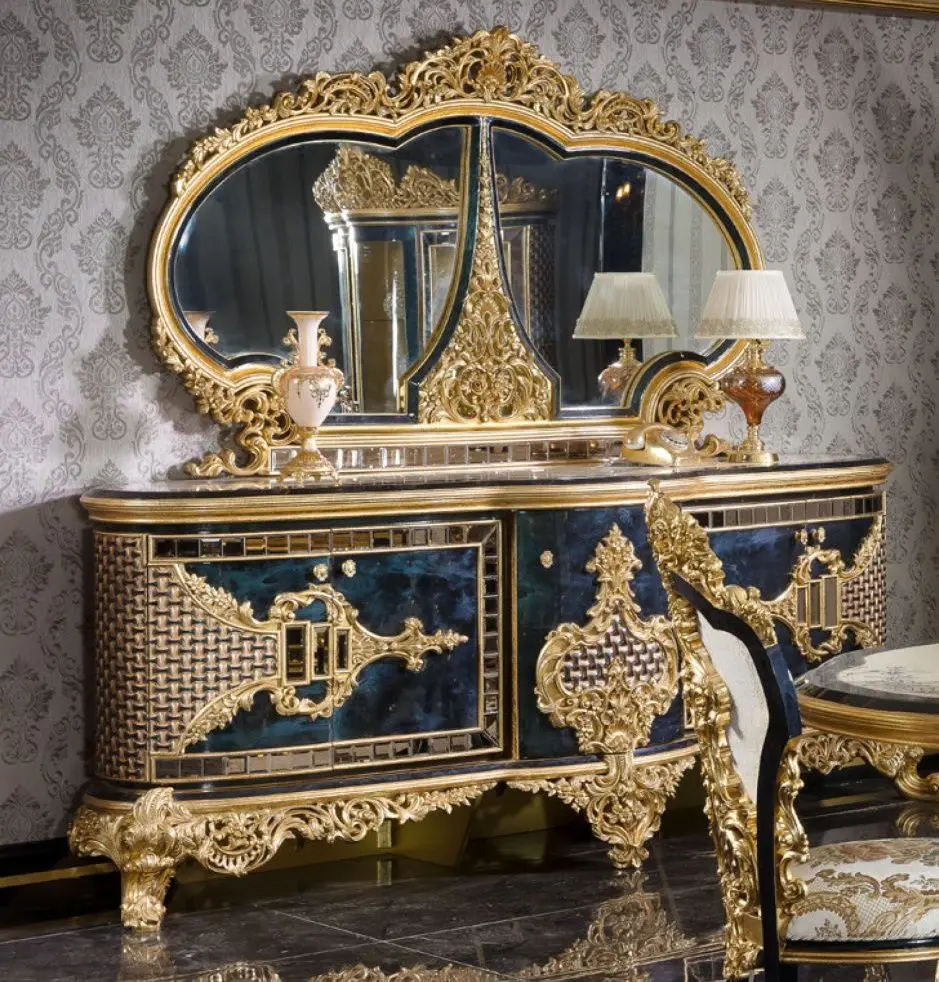 Set de mobilier pentru sufragerie Charme&Luxe Furniture Zeren B №10 (Dark Blue/Cream/Gold)