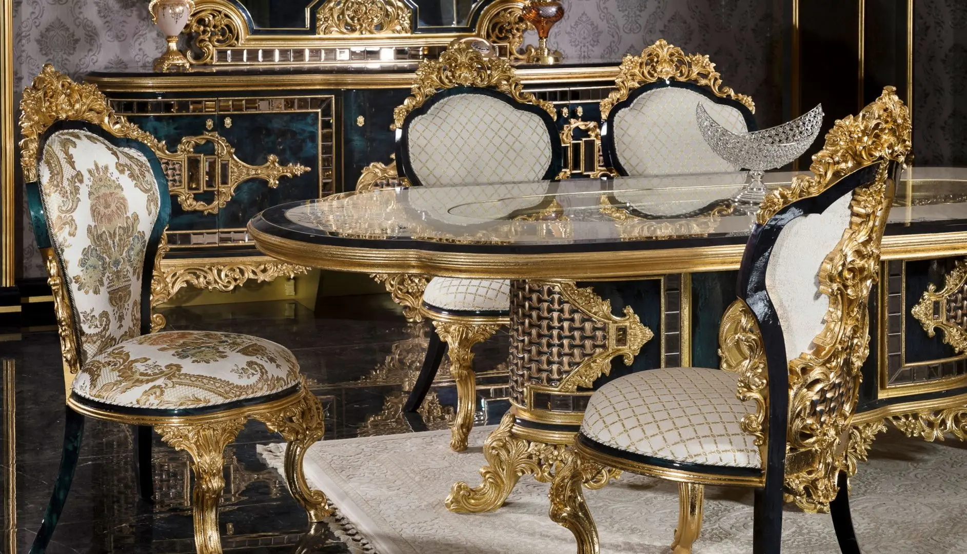 Set de mobilier pentru sufragerie Charme&Luxe Furniture Zeren B №10 (Dark Blue/Cream/Gold)