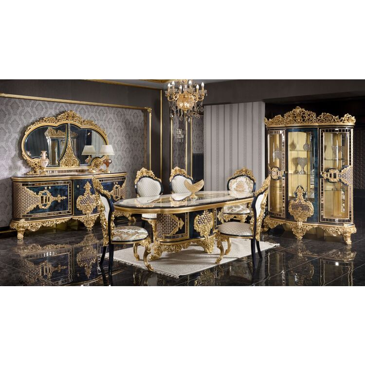 Комплект мебели для столовой Charme&Luxe Furniture Zeren B Nr.10 (Dark Blue/Cream/Gold)