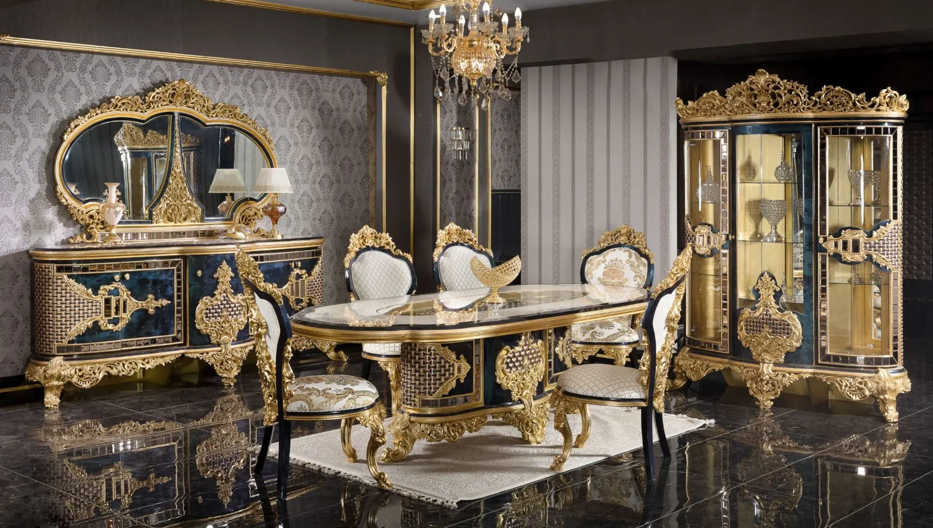 Set de mobilier pentru sufragerie Charme&Luxe Furniture Zeren B №10 (Dark Blue/Cream/Gold)