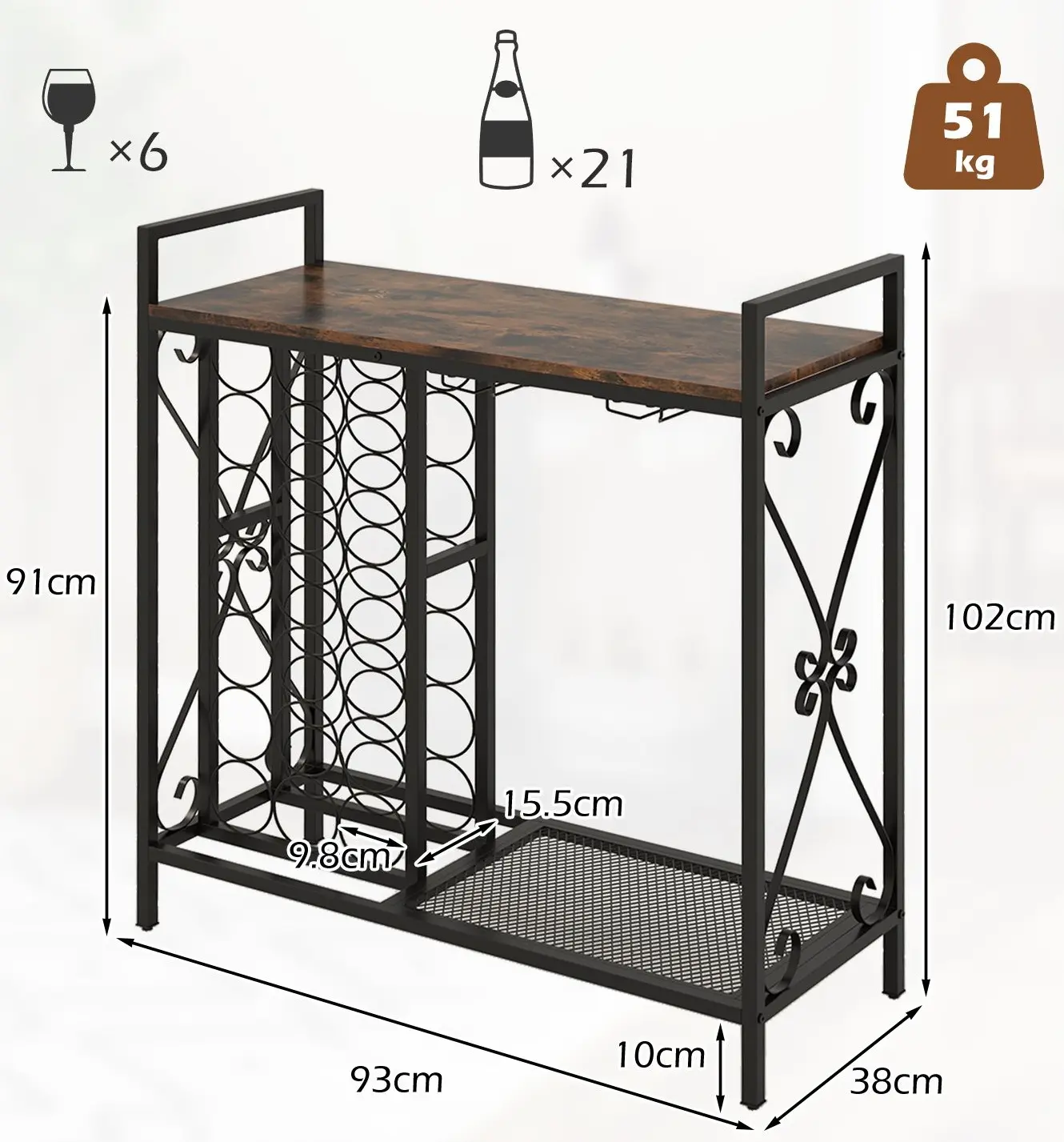 Etajera pentru sticle Costway JV12128CF (Rustic Brown/Black) - 4