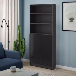 Etajera Ikea Billy/Hogbo cu usi sticla 80x30x202 (Negru Aspect Stejar)