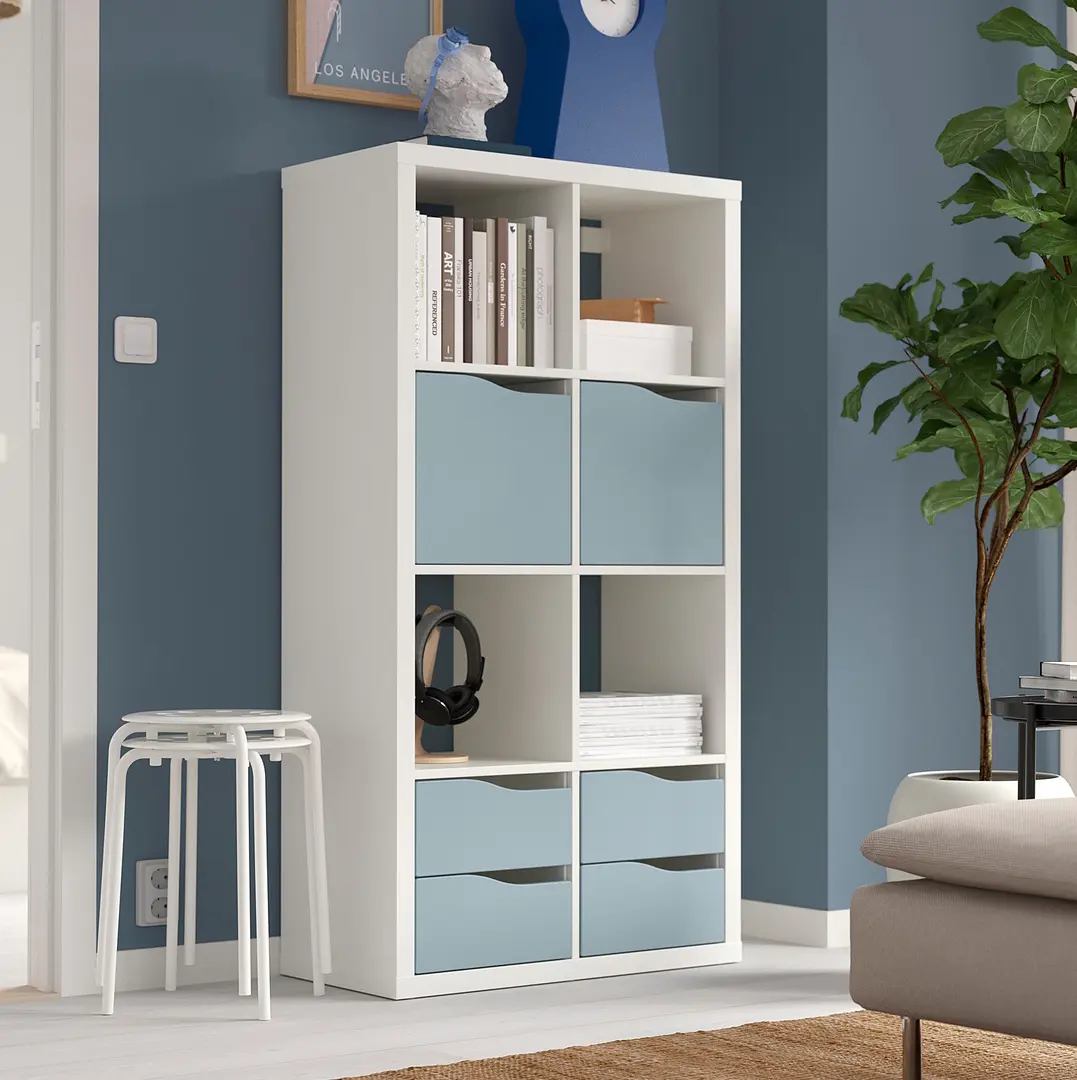 Стеллаж Ikea Kallax 2двери/4ящика 147x77 (Белый/Светло-серо-голубой)