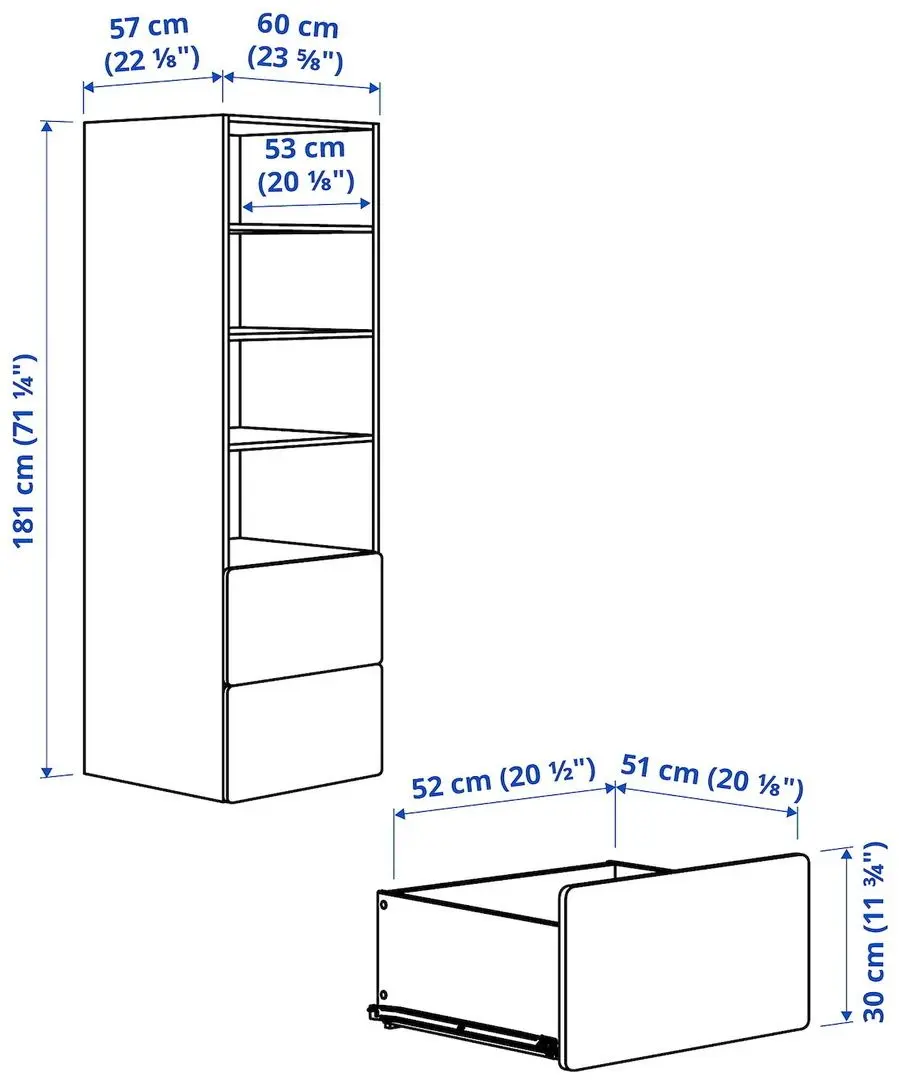 Etajera Ikea Smastad/Platsa 2 sertare/3 rafturi 60x57x181 (Alb/Lila Deschis)