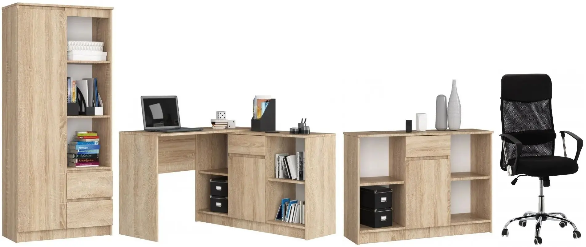 Комплект офисной мебели Akord R11 R80 1D2SZ Sonoma Oak + B-17 1SZ1D Sonoma Oak + B-17 Sonoma Oak + Chomik FOT5047 Black