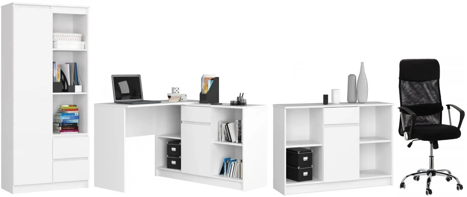 Комплект офисной мебели Akord R11 R80 1D2SZ White + B-17 1SZ1D White + B-17 White + Chomik FOT5047 Black