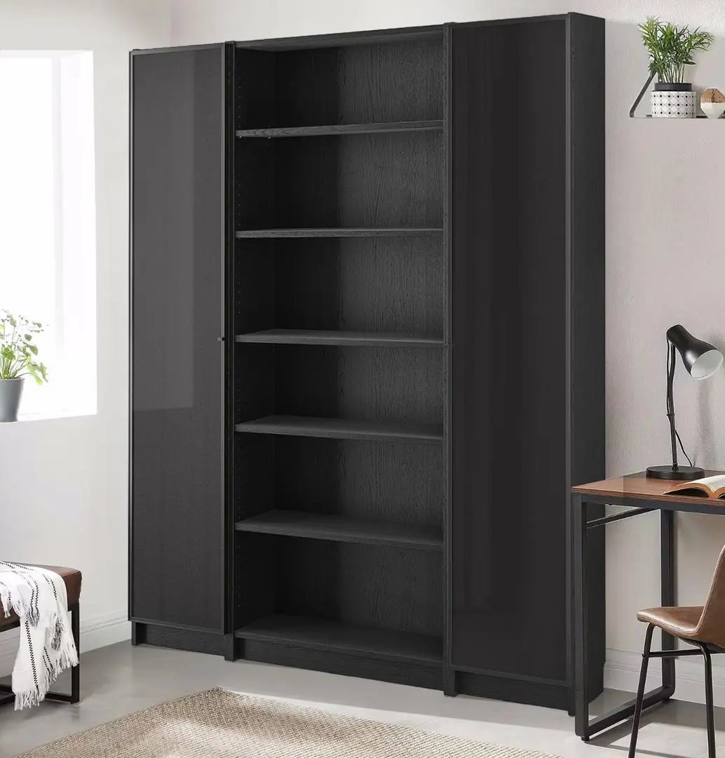Bibliotecă Ikea Billy/Hogbo usi sticla/rafturi deschise 160x30x202 (Negru Aspect Stejar)