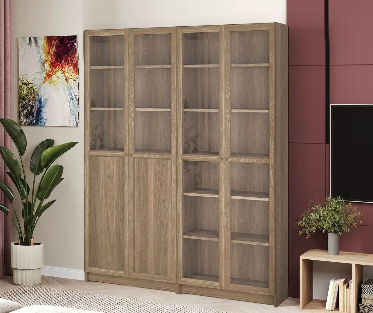 Bibliotecă Ikea Billy/Oxberg 2 usi panou-sticla/2 usi sticla 160x30x202 (Aspect Stejar)