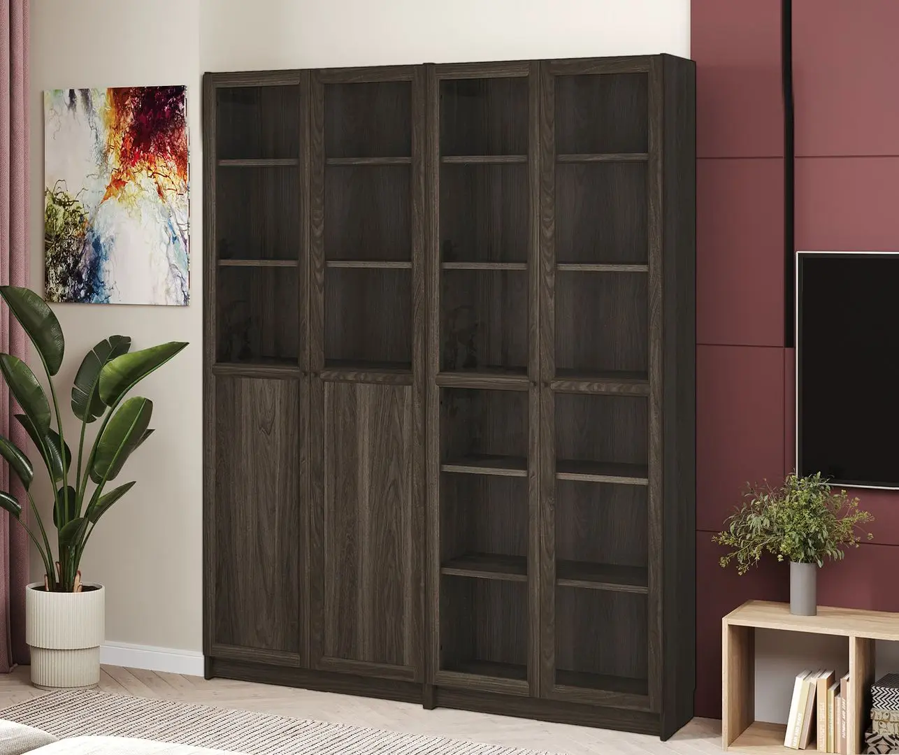 Bibliotecă Ikea Billy/Oxberg 2 usi panou-sticla/2 usi sticla 160x30x202 (Maro inchis Aspect Stejar)