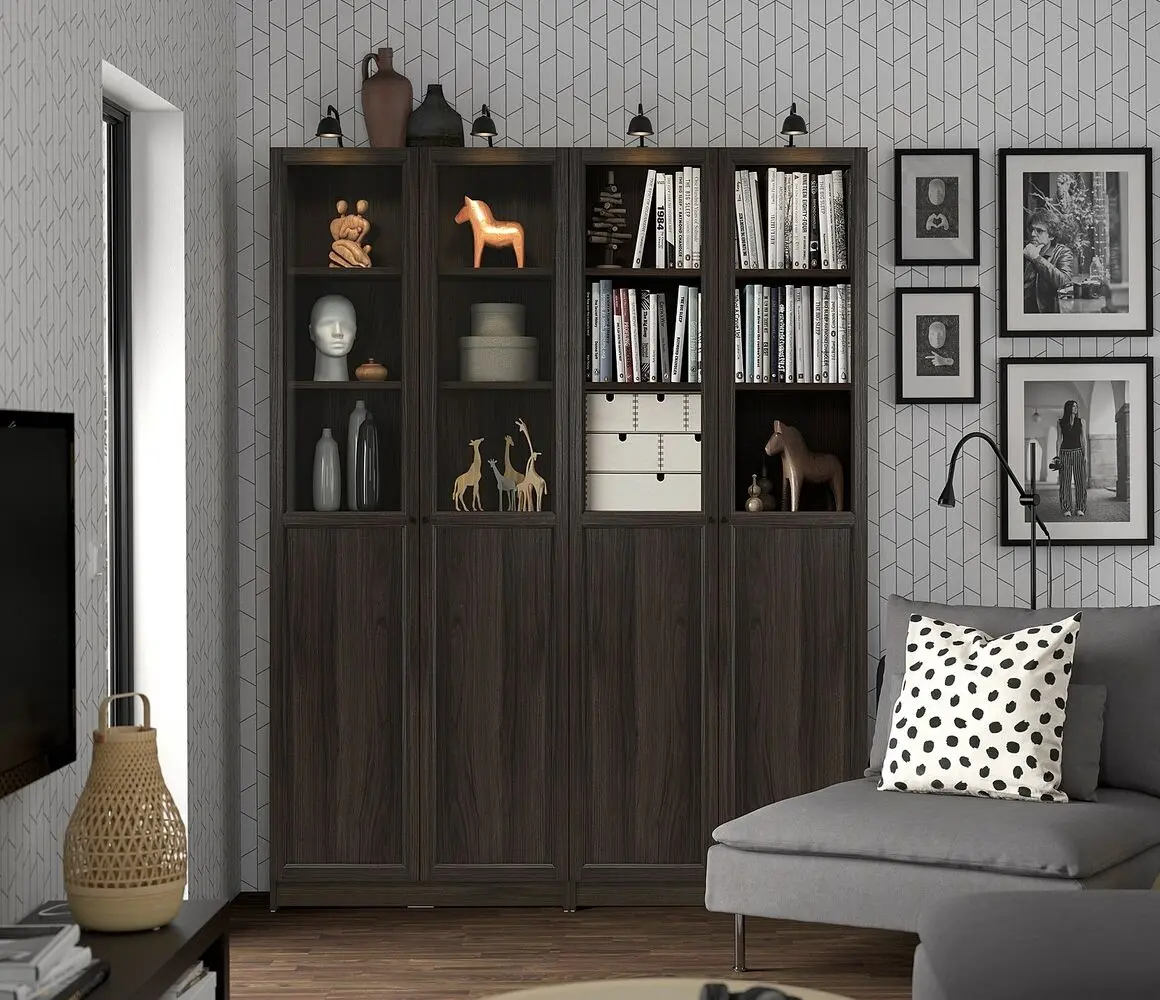 Bibliotecă Ikea Billy/Oxberg 4 usi panou-sticla 160x30x202 (Maro inchis Aspect Stejar)